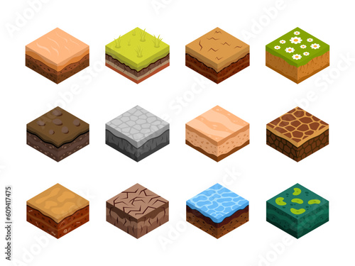 Isometric soil. Land nature surface. 3D ground cubes. Game sand desert. Stone pavement. Grass lawn. Isometry field parts with cracks. Square sections with layers. Vector earth textures set