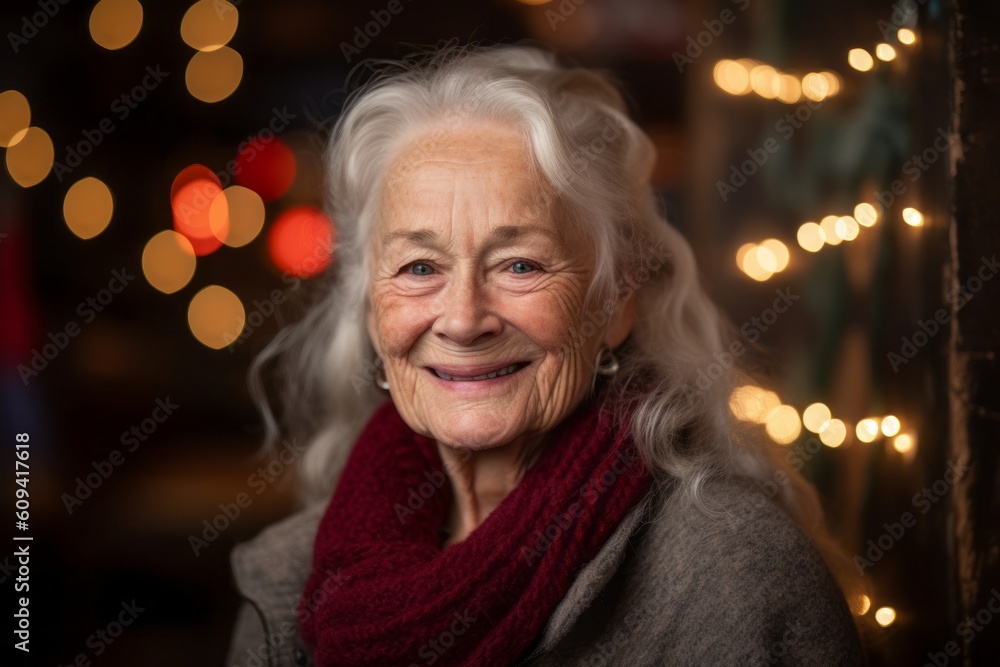 Portrait of a smiling senior woman in winter clothes on christmas background Portrait of a smiling senior woman in winter clothes on christmas background
