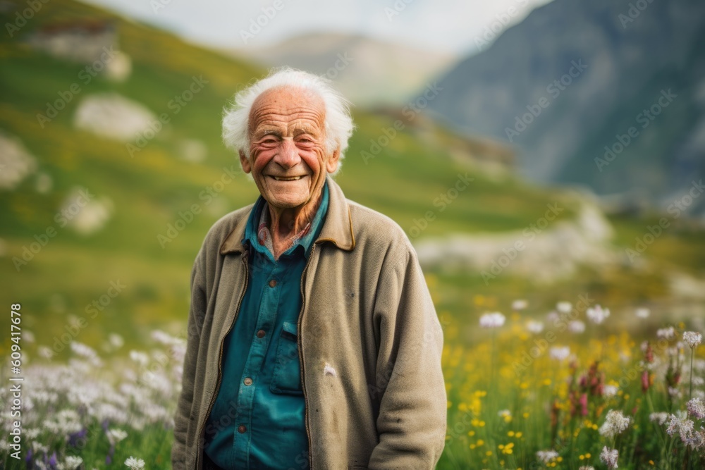 Portrait of happy senior man in the mountain meadow with flowers
