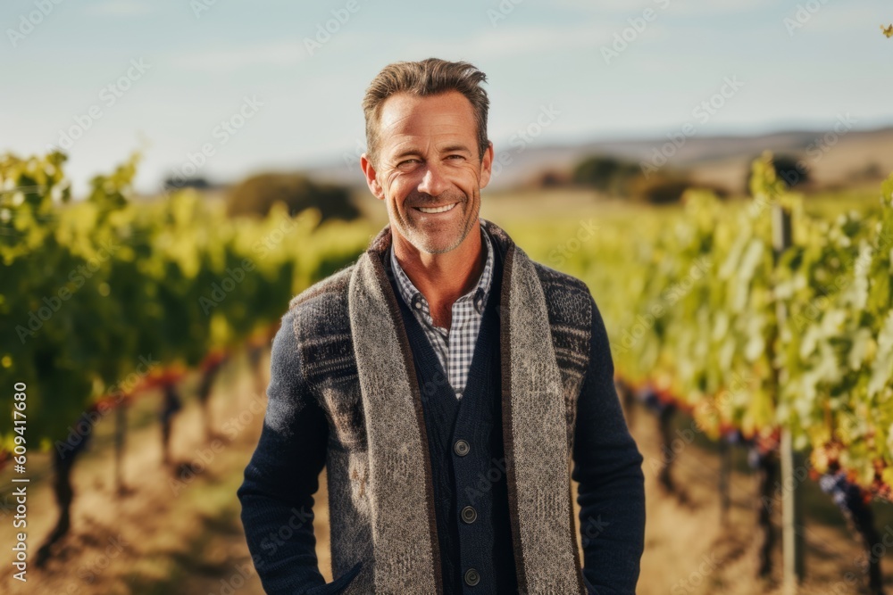 Portrait of a handsome mature man standing in vineyard and smiling Portrait of a handsome mature man standing in vineyard and smiling