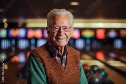 Portrait of senior man playing bowling at bowling alley in club.