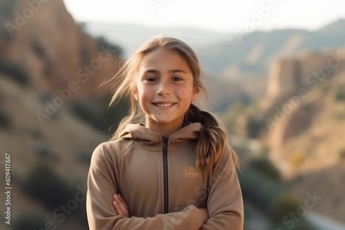 Portrait of a smiling little girl in a hoodie on a background of mountains