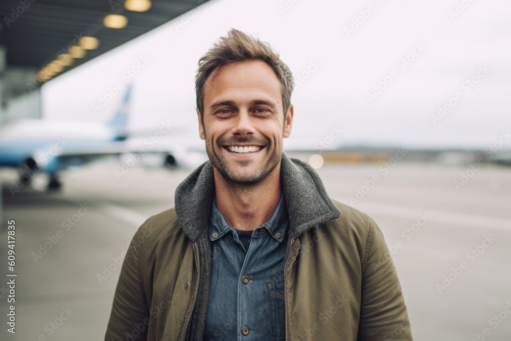 Portrait of handsome young man standing in airport, looking at camera and smiling Portrait of handsome young man standing in airport, looking at camera and smiling