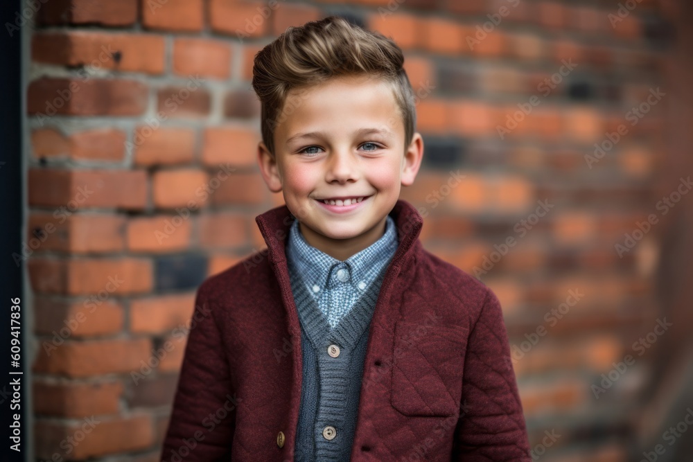 Portrait of cute little boy smiling at camera in front of brick wall Portrait of cute little boy smiling at camera in front of brick wall