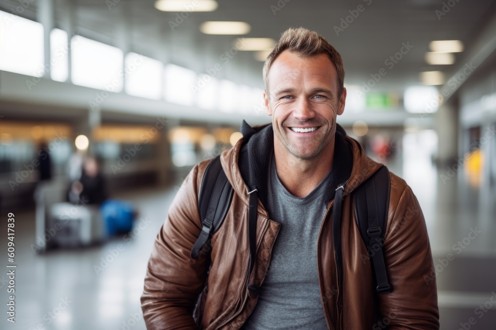 Portrait of smiling man standing in corridor of airport at the airport Portrait of smiling man standing in corridor of airport at the airport