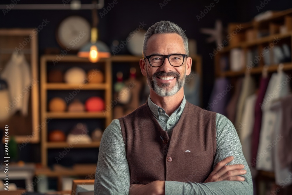 Portrait of smiling mature man in eyeglasses standing with arms crossed in workshop