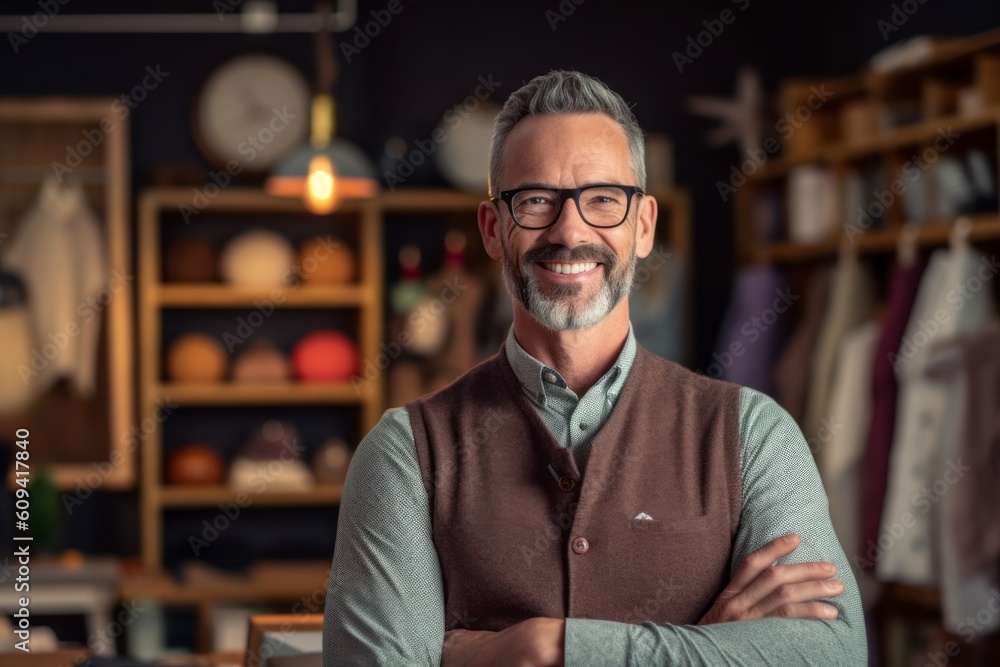Portrait of smiling mature man in eyeglasses standing with arms crossed in workshop Portrait of smiling mature man in eyeglasses standing with arms crossed in workshop