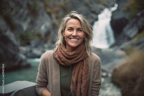 Portrait of smiling woman sitting in front of waterfall in the forest