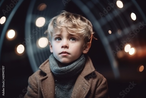 Portrait of a cute little boy in a brown coat and scarf on the street.