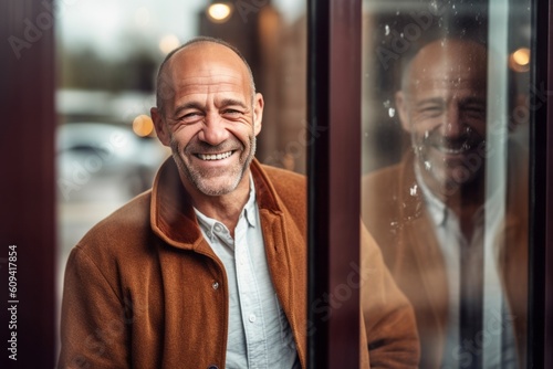 Portrait of a smiling senior man standing in front of a window