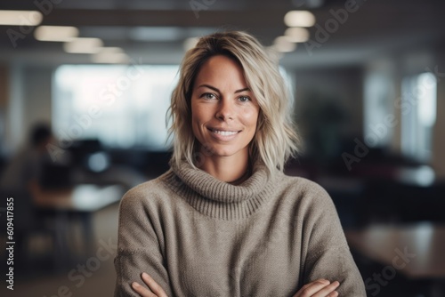 Portrait of smiling businesswoman standing with arms crossed in creative office © Hanne Bauer