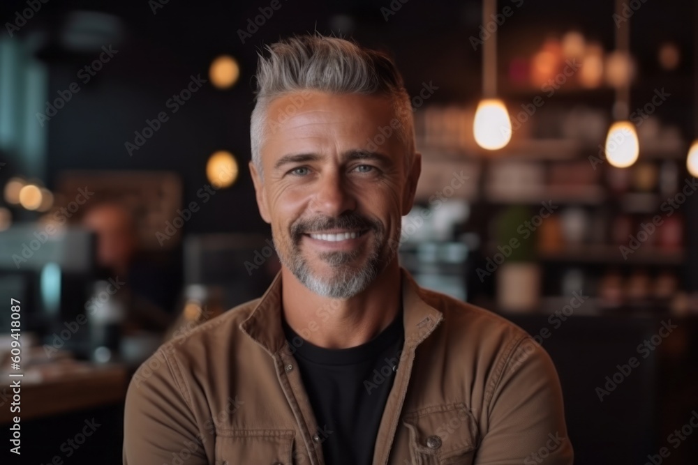 Portrait of handsome mature man smiling at camera in cafe at night