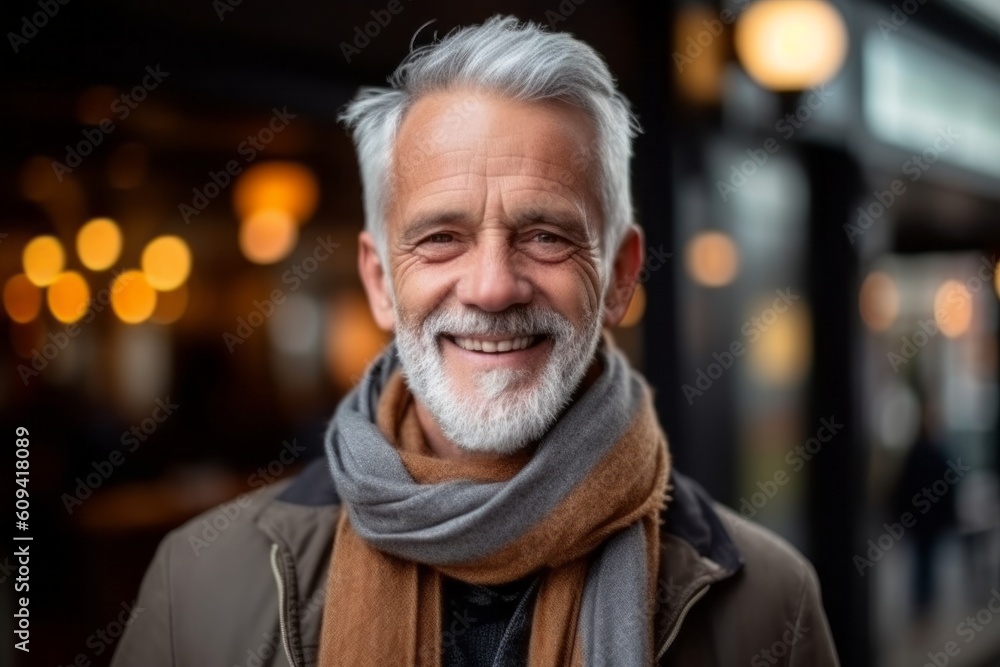 Portrait of smiling senior man in scarf and coat at city street Portrait of smiling senior man in scarf and coat at city street