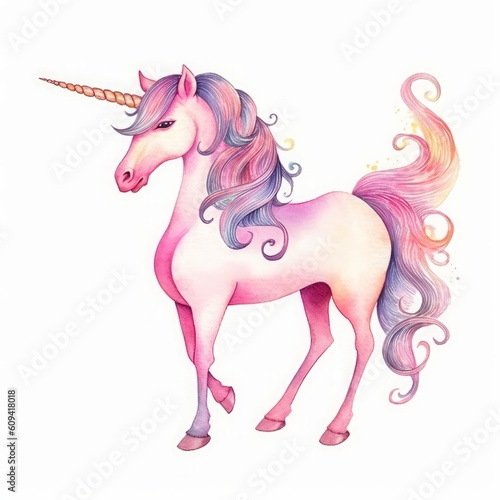 watercolor pink unicorn illustration  fairy tale creature  magical animal clip art  isolated on white background  Generative AI