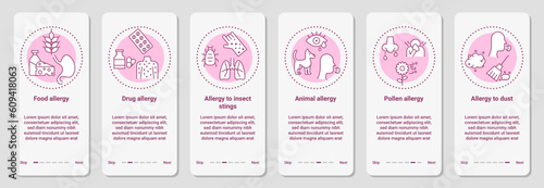 Allergy mobile app interface. Drug infographic. Smartphone application. Pollen allergen. Symptom types. Animal tested cosmetic. Food menu in phone. Vector graphic phone UI template set