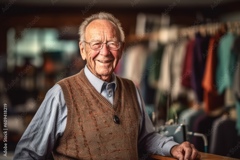 Portrait of a senior man in his home clothes shop looking at camera Portrait of a senior man in his home clothes shop looking at camera