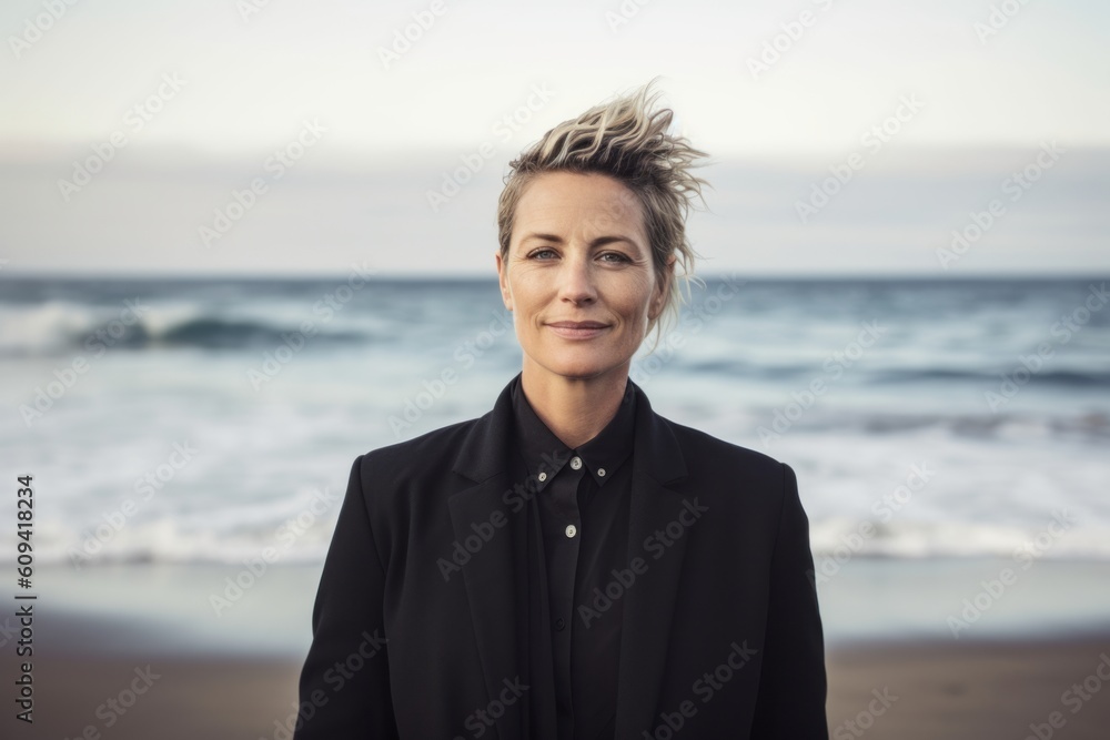 Portrait of a beautiful middle aged woman with short hair on the beach