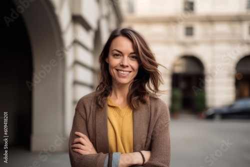 Portrait of a smiling young woman with arms crossed in the city © Hanne Bauer