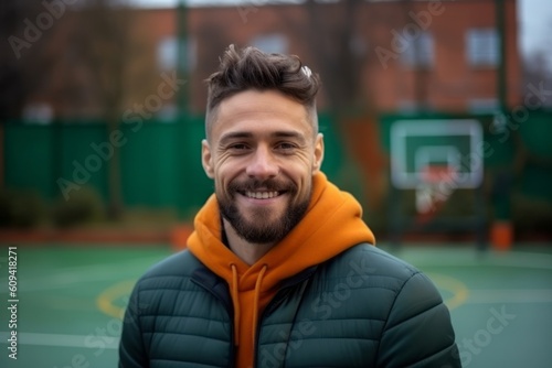 Portrait of a handsome young man with a beard and mustache in a warm jacket on the basketball court