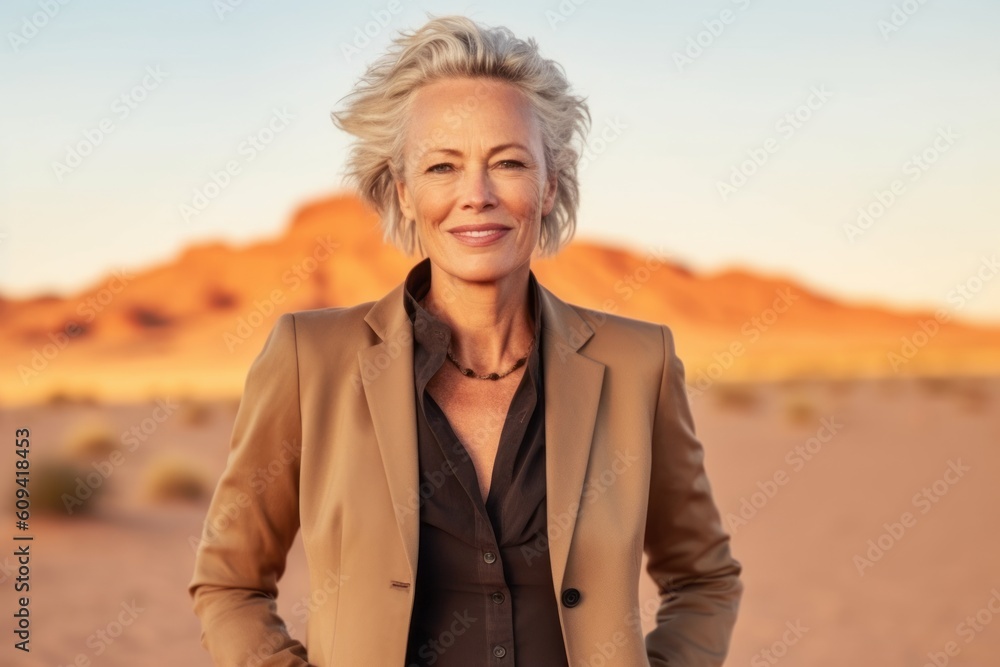 Medium shot portrait photography of a satisfied woman in her 50s that is wearing a classic blazer against a hot desert or sand background . Generative AI Medium shot portrait photography of a satisfied woman in her 50s that is wearing a classic blazer against a hot desert or sand background . Generative AI