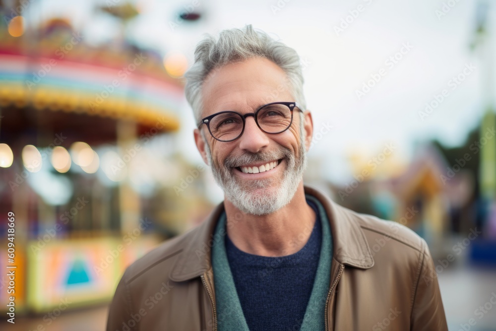 Medium shot portrait photography of a pleased man in his 50s that is wearing a chic cardigan against an amusement park or theme park background . Generative AI Medium shot portrait photography of a pleased man in his 50s that is wearing a chic cardigan against an amusement park or theme park background . Generative AI