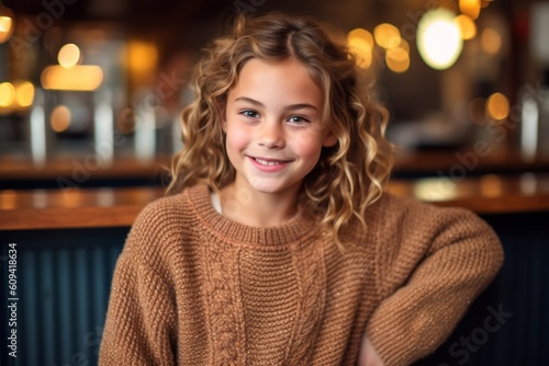 Portrait of smiling little girl looking at camera at bar counter in cafe © Hanne Bauer