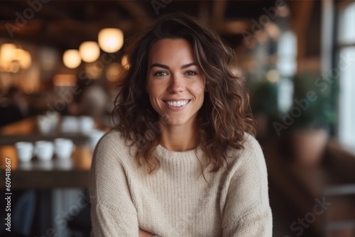 Portrait of beautiful young woman smiling at camera while sitting in cafe