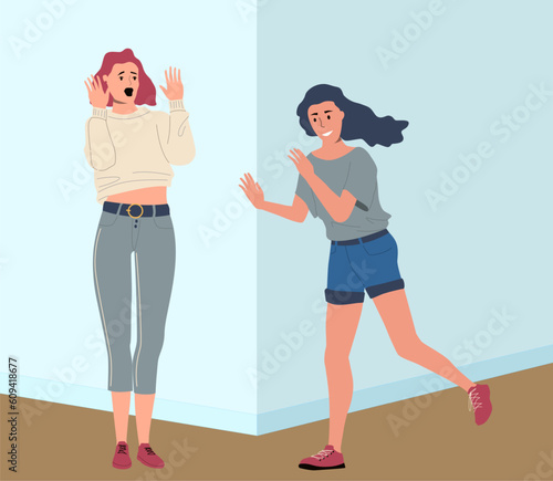 Scared woman. Suddenly running out person, surprised shocked or panicked girl, negative emotion, screaming character, terrified unhappy human. Cartoon flat style illustration. Vector concept