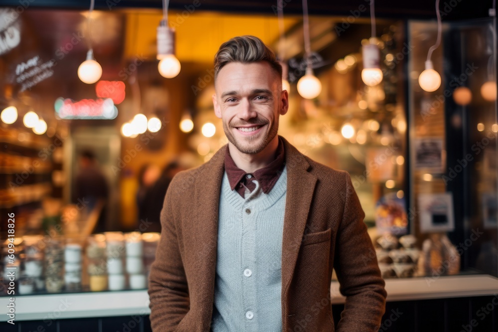 Portrait of a smiling young man standing in a coffee shop. Portrait of a smiling young man standing in a coffee shop.