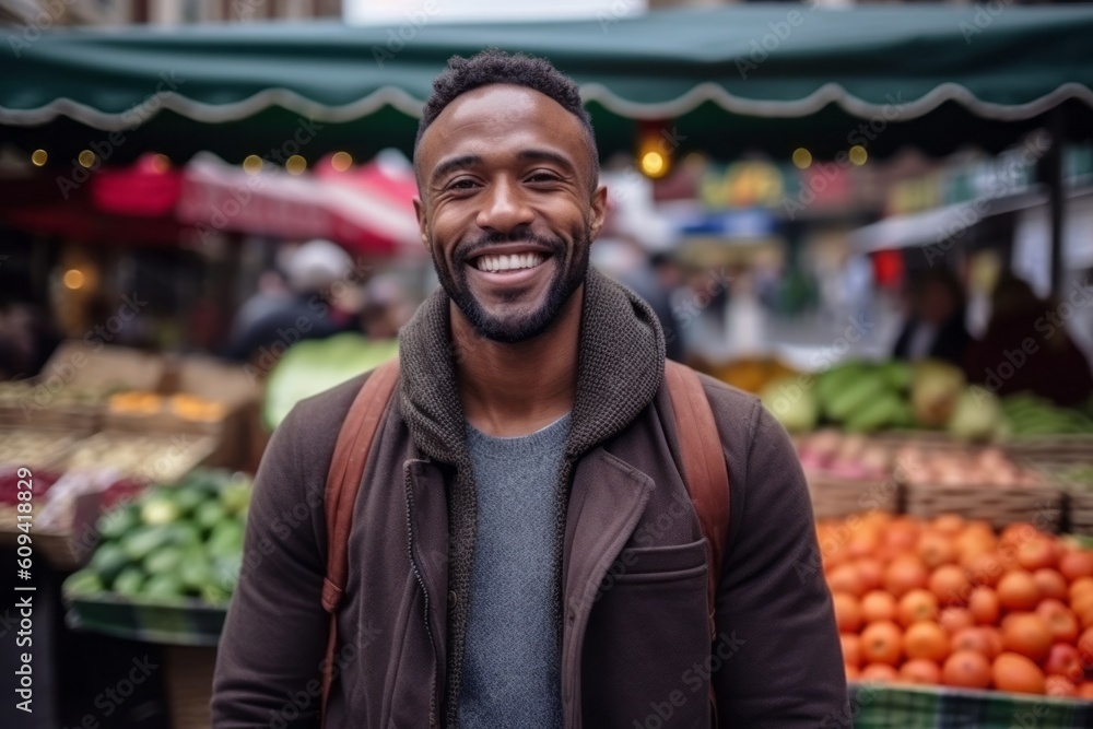 Fototapeta premium Portrait of smiling african american man at street food market