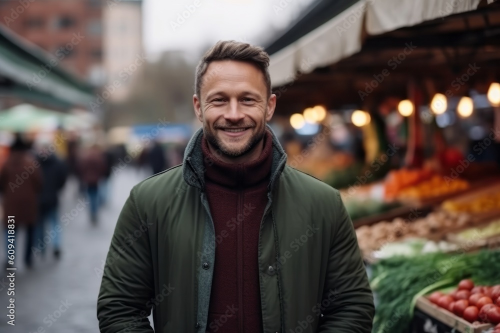 Portrait of a smiling man standing in front of a stall at a market