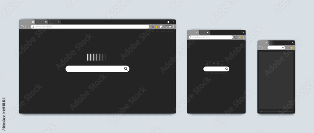 Mac browser windows. Screen web interface for Apple or Chrome. Dark design. URL address and search tab bar. Empty frame. Menu option button. Vector computer or mobile UI template set - obrazy, fototapety, plakaty 