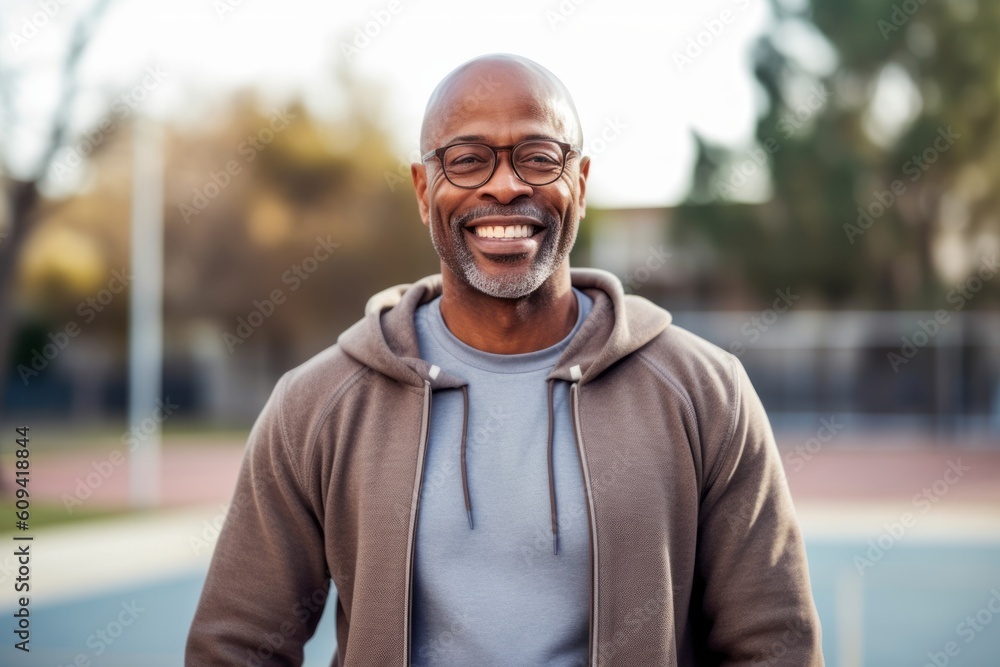 Portrait of a smiling senior man with glasses and hoodie outdoors