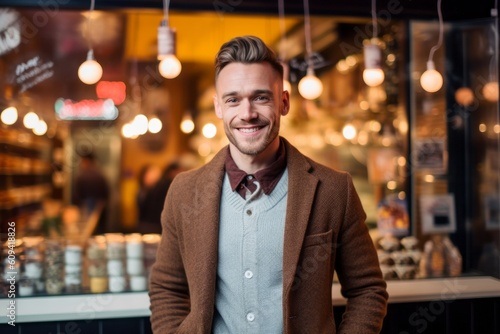 Portrait of a smiling young man standing in a coffee shop.