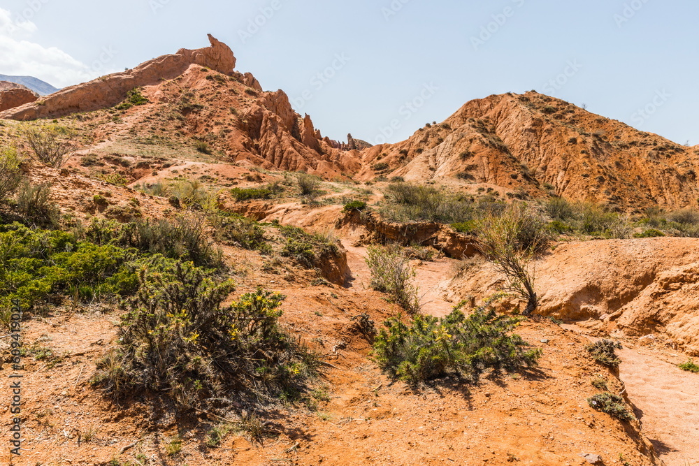 Skazka (Fairytale) Canyon - the most unusual and picturesque gorge on the southern shore of Issyk-Kul, the main attraction in the vicinity of the lake, Kyrgyzstan