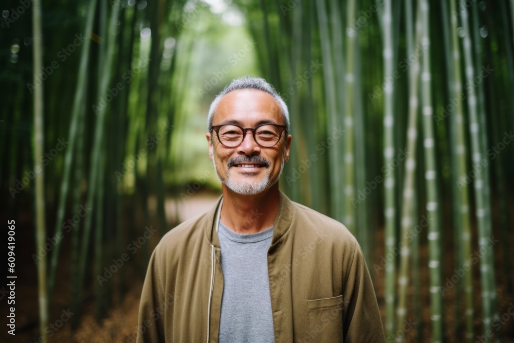 Portrait of a senior Asian man standing in a bamboo forest. Portrait of a senior Asian man standing in a bamboo forest.