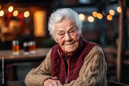 Portrait of an elderly woman sitting in a cafe in the evening