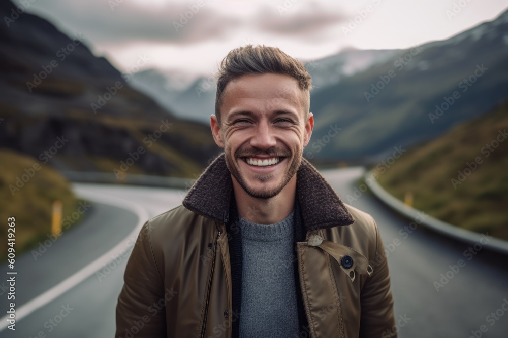 Portrait of a smiling young man standing on the road in the mountains Portrait of a smiling young man standing on the road in the mountains