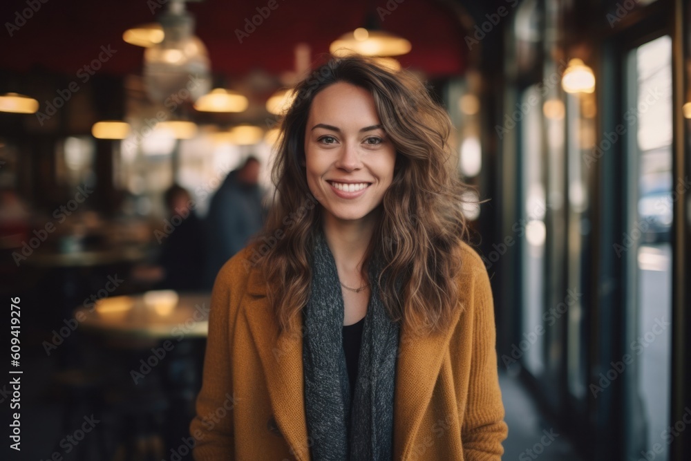 Medium shot portrait photography of a pleased woman in her 30s that is wearing a chic cardigan against a parisian or european cafe background . Generative AI Medium shot portrait photography of a pleased woman in her 30s that is wearing a chic cardigan against a parisian or european cafe background . Generative AI