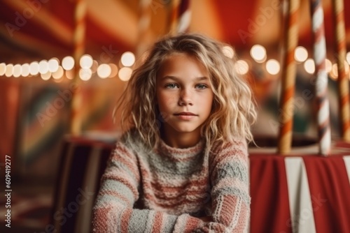 Portrait of a beautiful little girl with blond curly hair in a warm sweater on the background of a red striped tent.