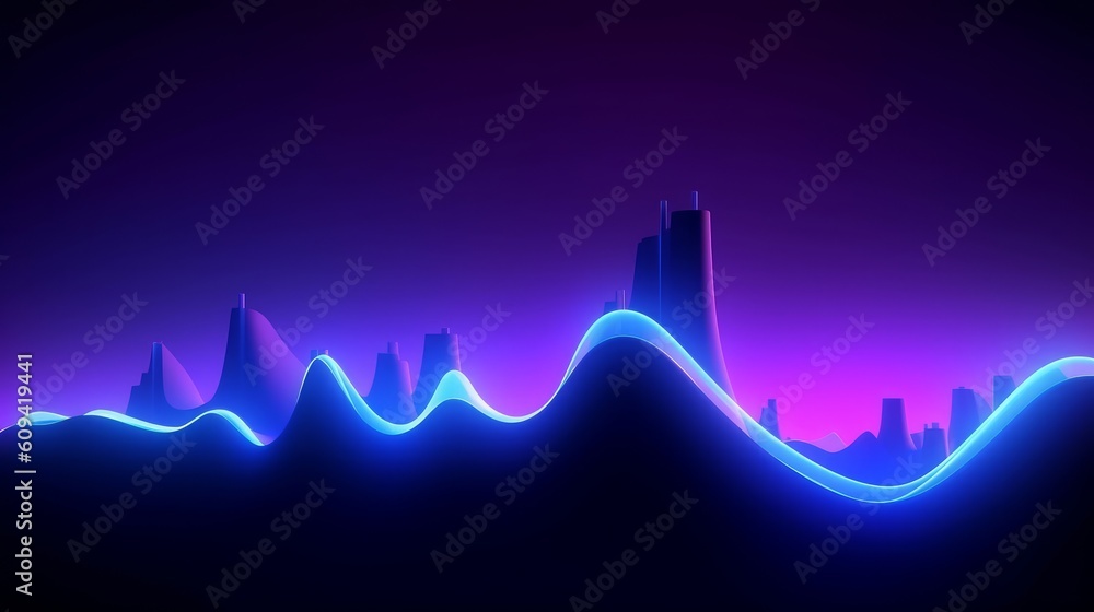 3d render, abstract violet blue neon background with wavy skyline ...