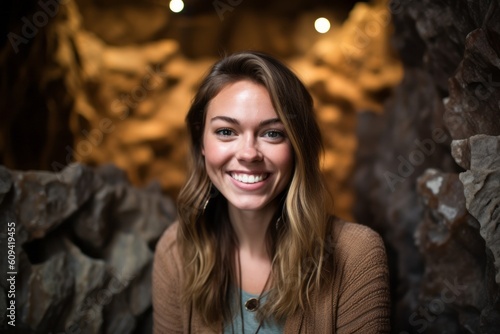 Portrait of a beautiful young woman smiling at camera in a cave © Hanne Bauer