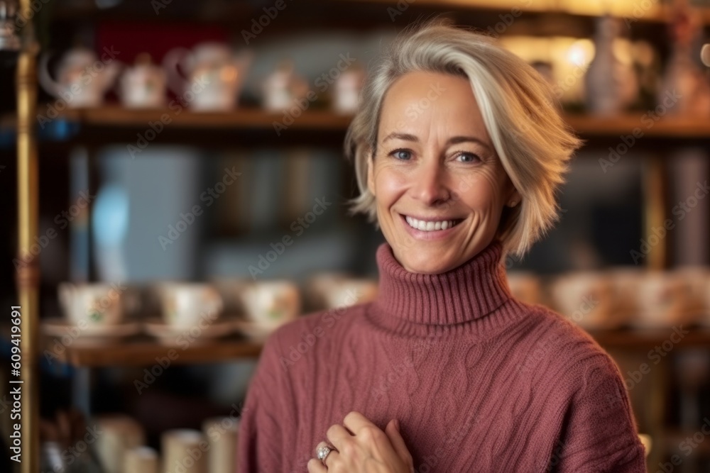 Portrait of smiling mature woman standing in coffee shop and looking at camera Portrait of smiling mature woman standing in coffee shop and looking at camera