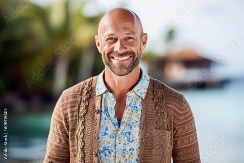 Portrait of a smiling mature man standing on the beach at the resort