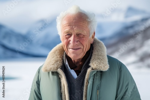 Portrait of senior man looking at camera against snow covered mountain landscape
