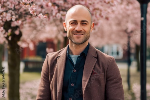 portrait of a man in a coat on a background of cherry blossoms