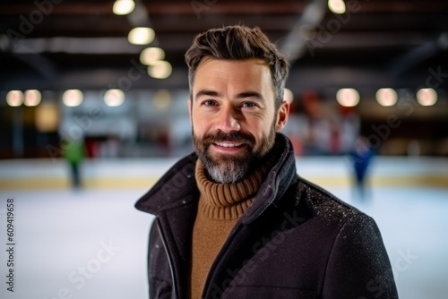 Medium shot portrait photography of a pleased man in his 30s that is wearing a chic cardigan against an ice rink or winter sports background . Generative AI