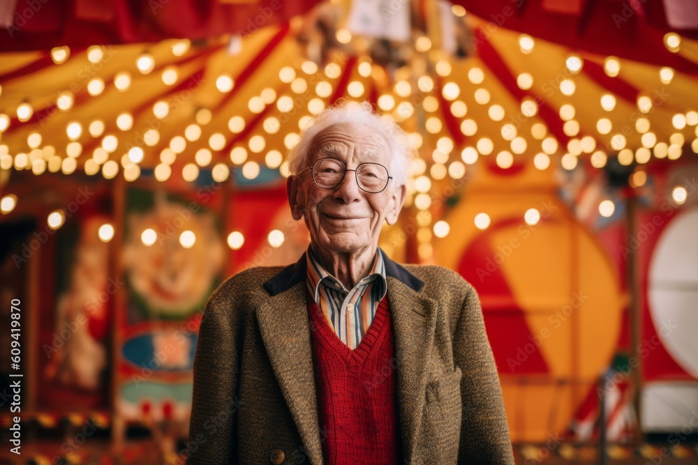 Elderly man in eyeglasses standing in amusement park. Elderly man in eyeglasses standing in amusement park.