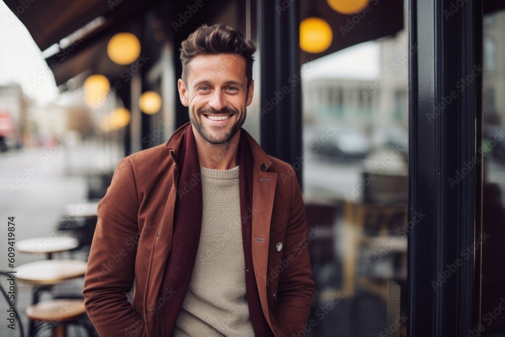 Portrait of handsome young man smiling and looking at camera while standing in cafe outdoors