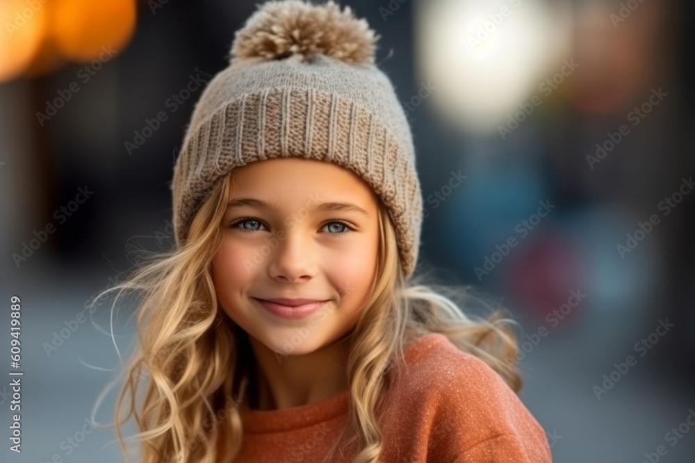 childhood, fashion and people concept - close up of smiling little girl in winter hat over city street background childhood, fashion and people concept - close up of smiling little girl in winter hat over city street background